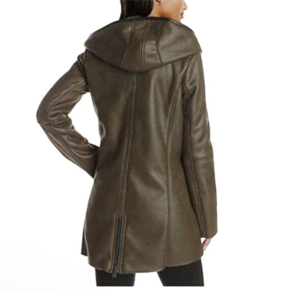 Sam Edelman Sydney Hooded Faux Leather Shearling Brown Coat Medium - Picture 3 of 14